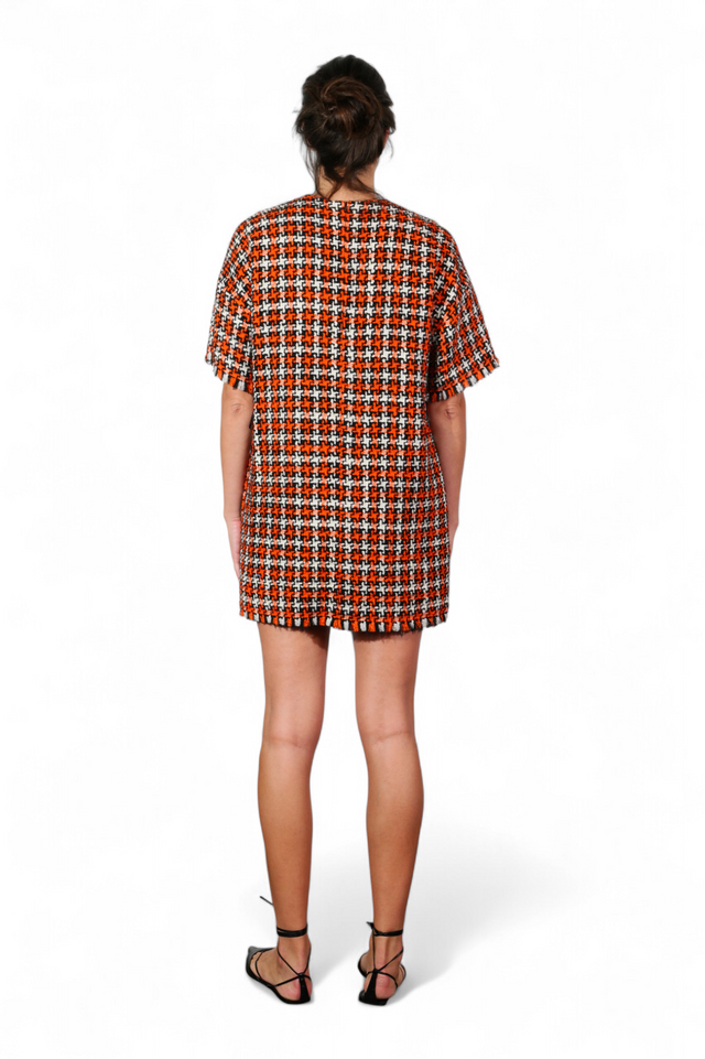 Valentino Metallic Tweed Short-Sleeve Blouse — Orange & Silver