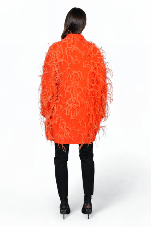 Valentino Bold Feathered Statement Coat in Fiery Orange