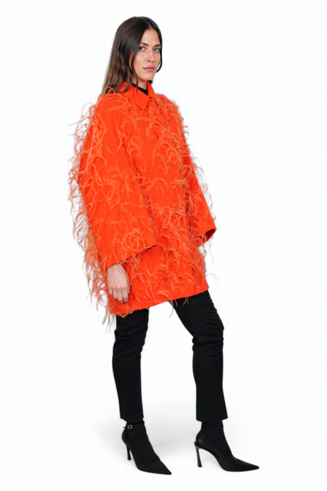 Valentino Bold Feathered Statement Coat in Fiery Orange