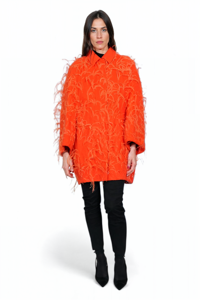 Valentino Bold Feathered Statement Coat in Fiery Orange