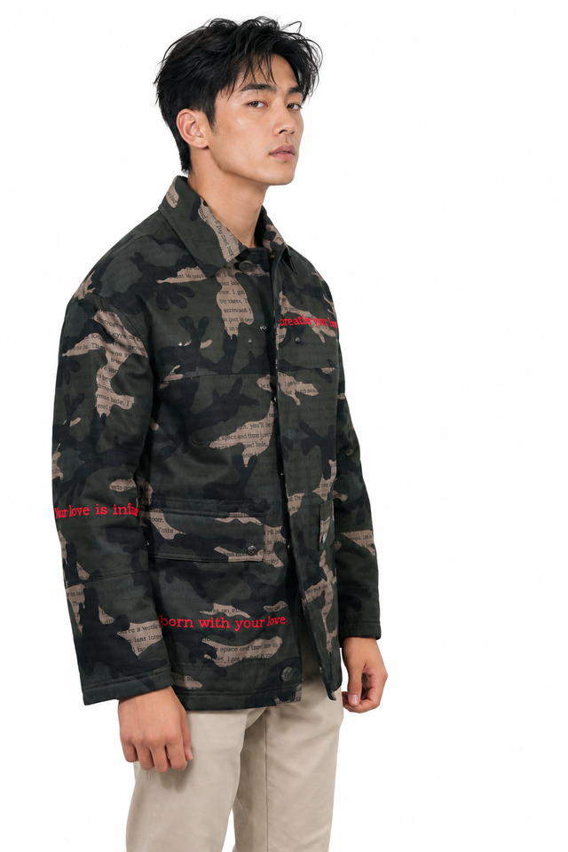 Valentino Men's Camouflage Embroidered Poetry Field Jacket in Olive Green