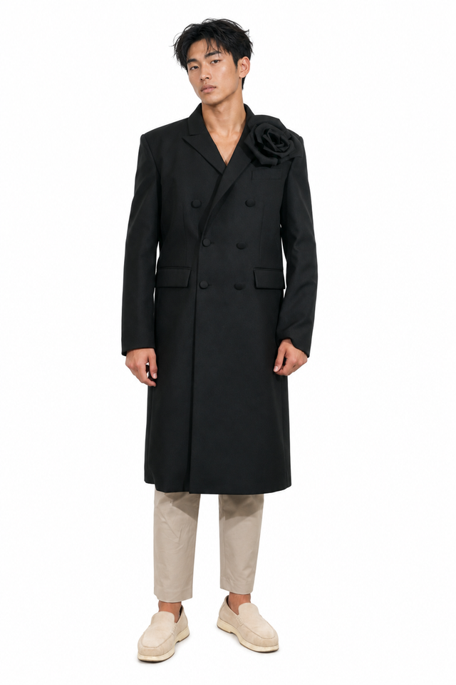 Valentino Men's 3D Rose Appliqué Double-Breasted Long Wool Coat in Black2VBCAPME9DS