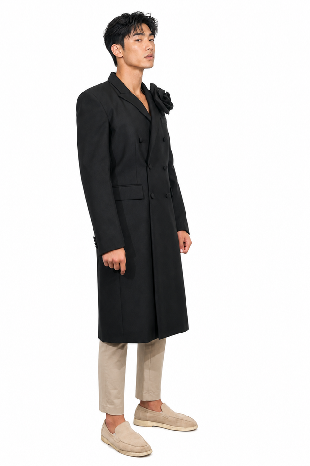 Valentino Men's 3D Rose Appliqué Double-Breasted Long Wool Coat in Black2VBCAPME9DS