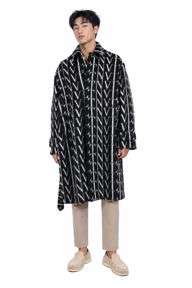 Valentino VLTN Blurred Monogram Belted Wool Coat