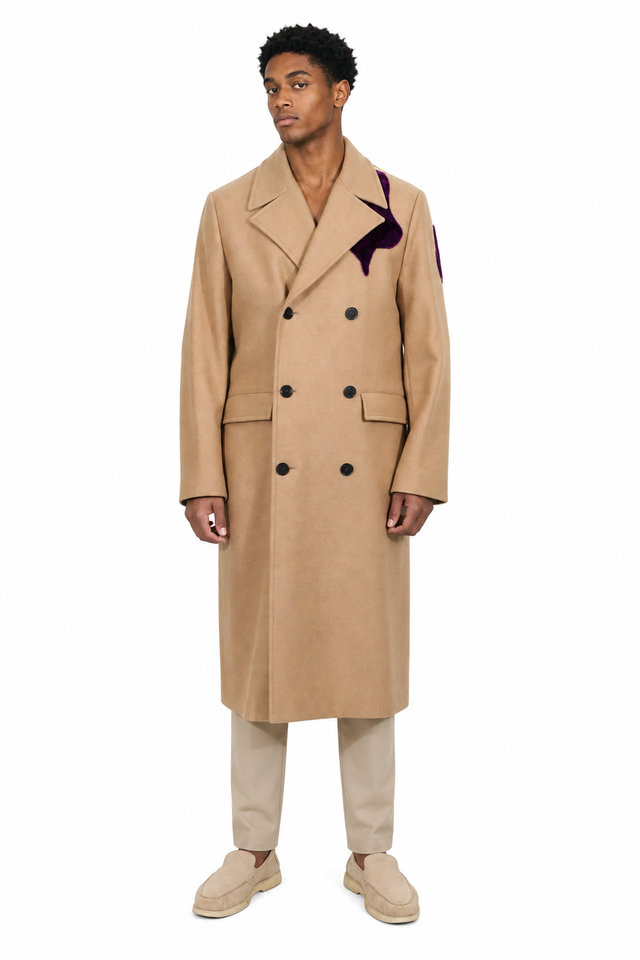 Valentino Floral Inlay Wool-Camel Double-Breasted Long Coat