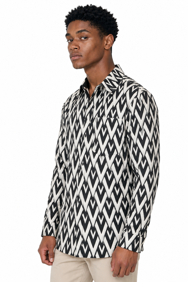 Valentino V-Geometric Silk Long-Sleeve Shirt