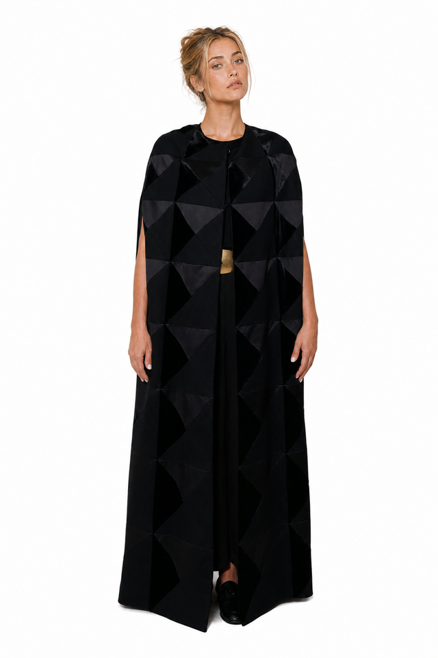 Valentino black patchwork geometric silk-velvet long evening cape