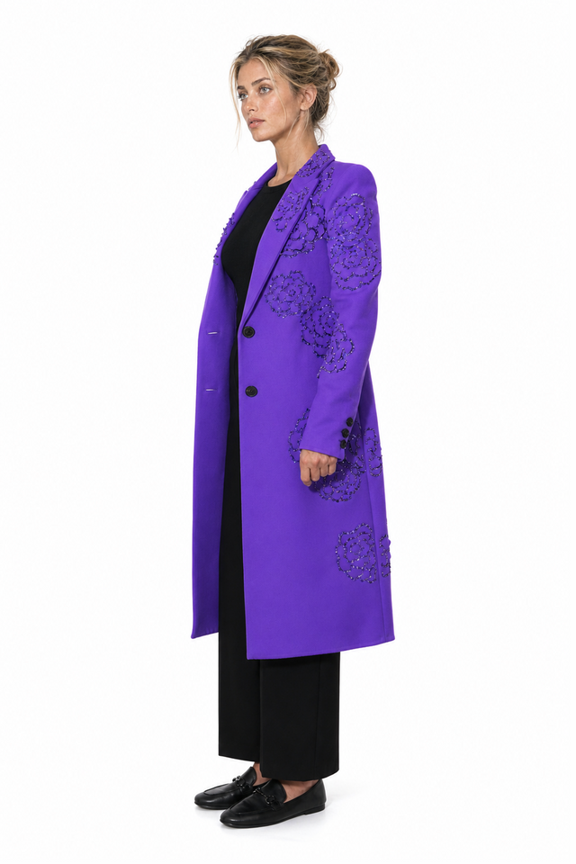 Valentino Sequin Floral Wool Long Coat in Royal Purple