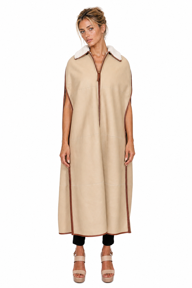 Valentino Shearling-Lined Leather-Trimmed Longline Cape in Sand Beige