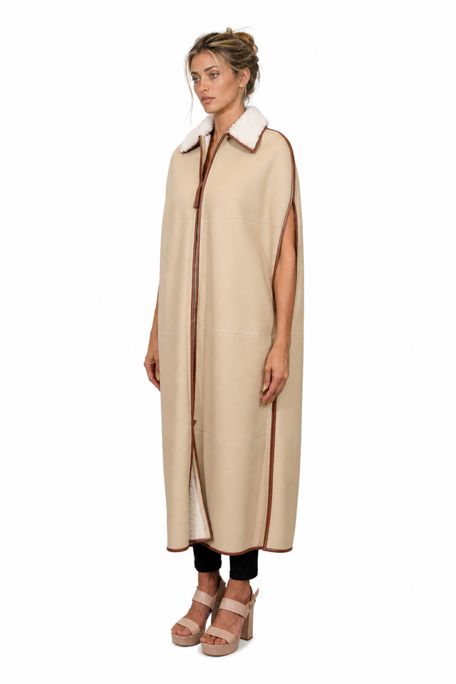 Valentino Shearling-Lined Leather-Trimmed Longline Cape in Sand Beige