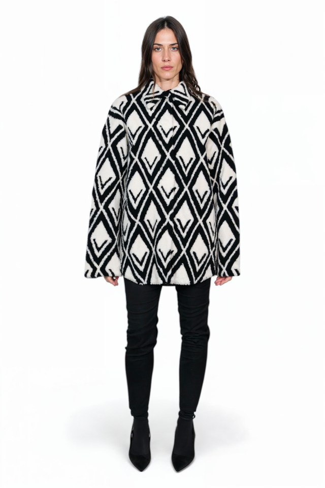 Valentino Monochrome Geometric Fur Coat