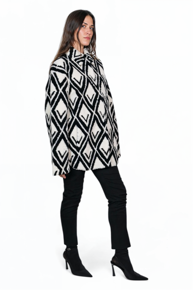 Valentino Monochrome Geometric Fur Coat