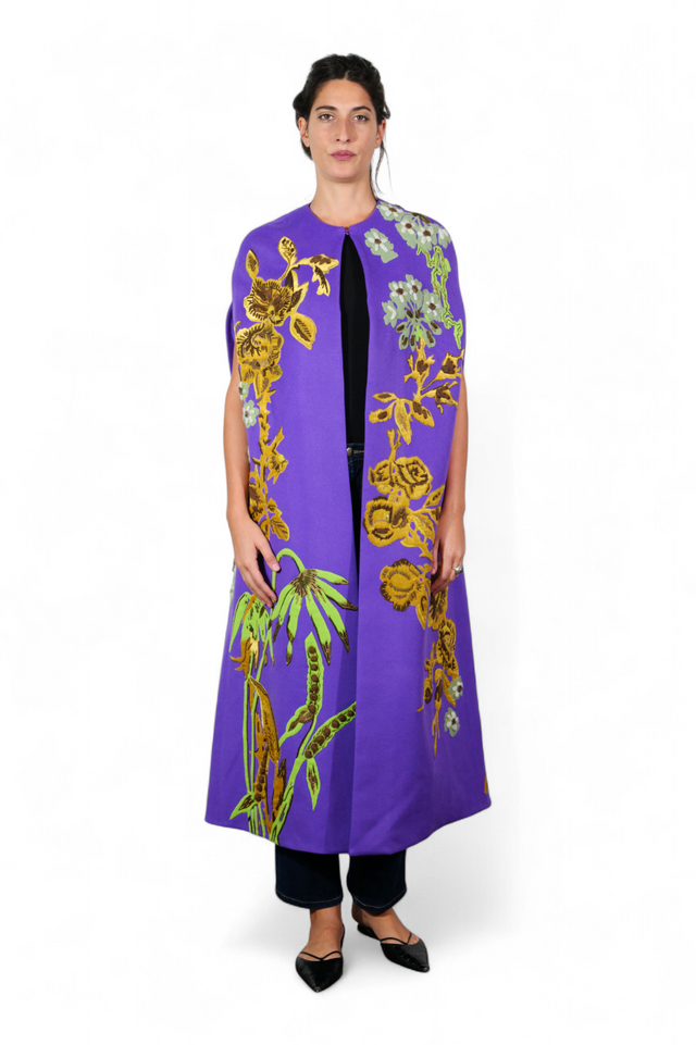 Valentino Floral Embroidered Silk Cape — Violet & Gold