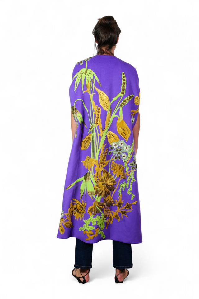 Valentino Floral Embroidered Silk Cape — Violet & Gold