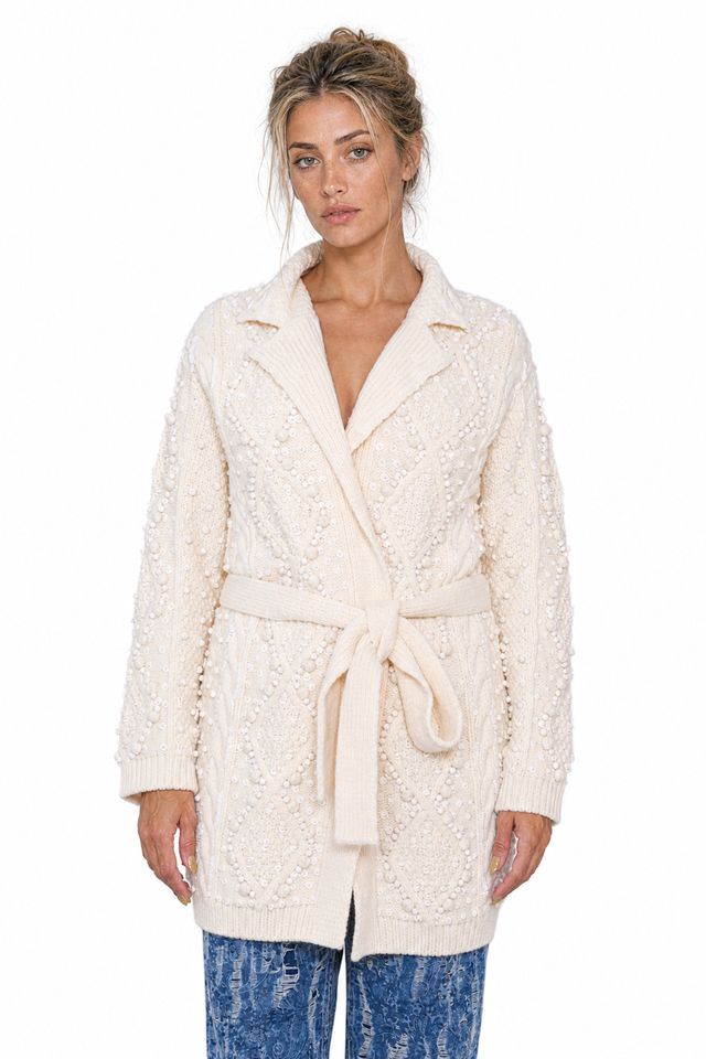 Valentino Ivory Cable Knit Belted Cardigan