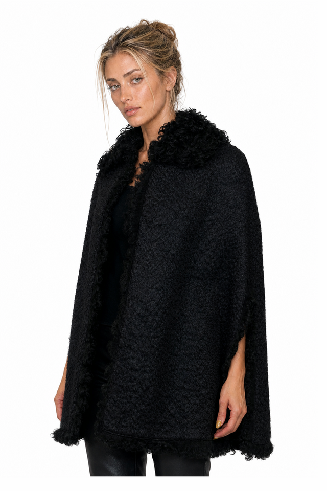 Valentino Textured Wool-Knit & Shearling-Trimmed Evening Cape in Jet Black