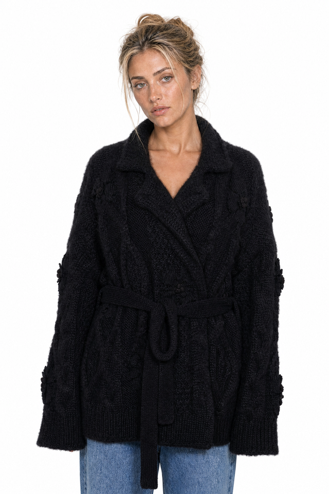 Valentino women's floral cable-knit belted cardigan coat in black