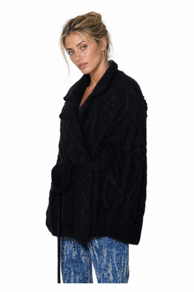 Valentino women's floral cable-knit belted cardigan coat in black