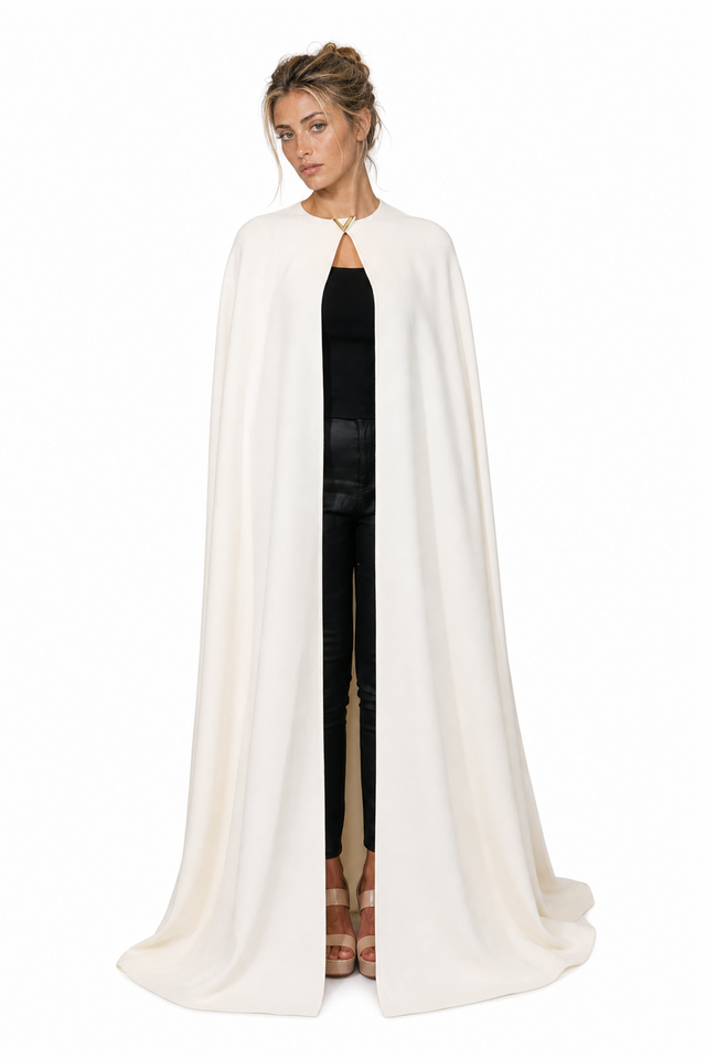 Valentino Floor-Length V-Hardware Wool-Silk Evening Cape in Ivory