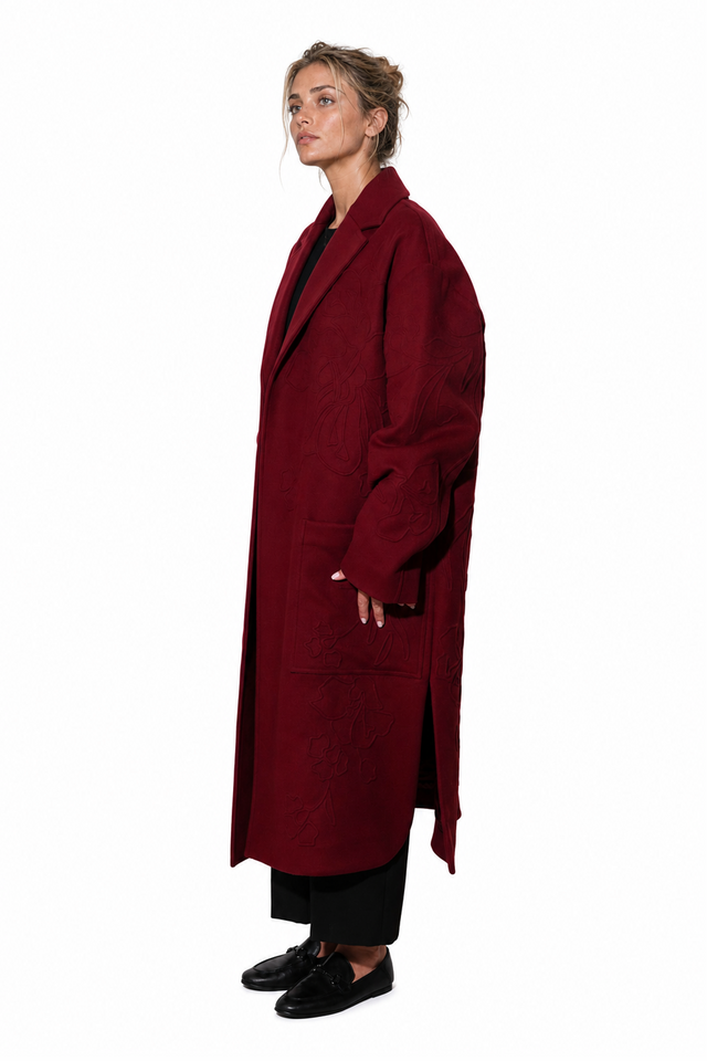 Valentino Floral-Embroidered Double-Breasted Wool Coat in Burgundy