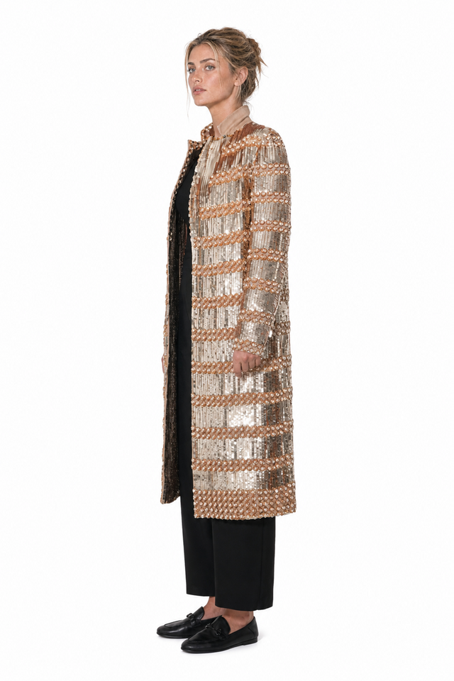 Valentino bronze gold sequin and pearl horizontal striped duster coat
