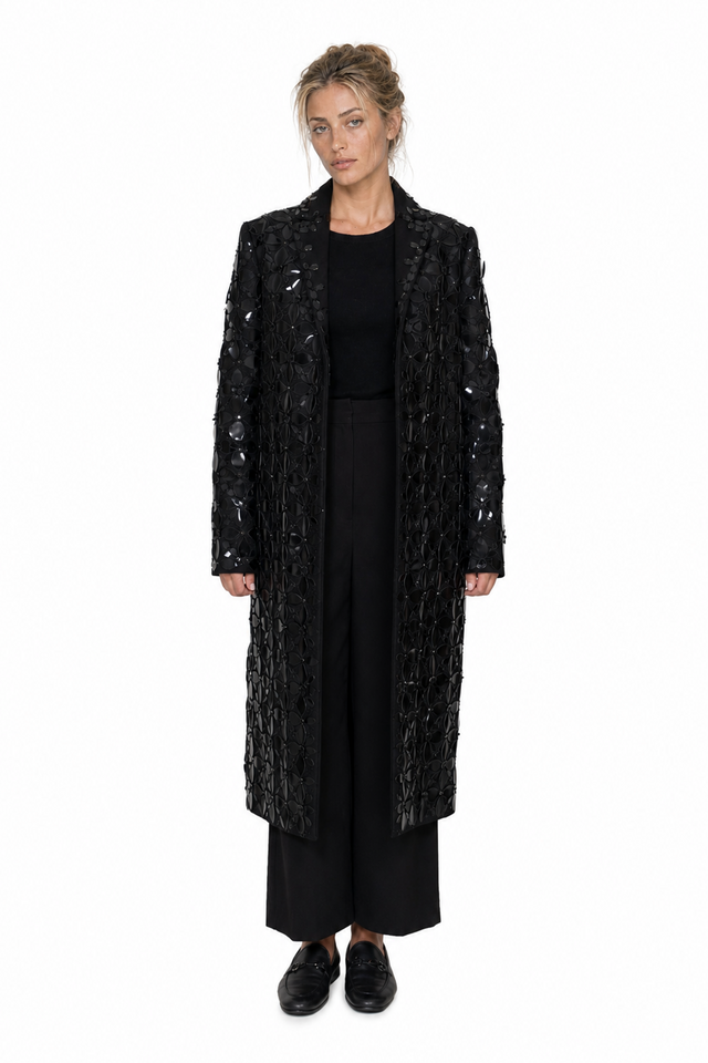 Valentino Floral Patent-Sequined Longline Duster Coat in Jet Black