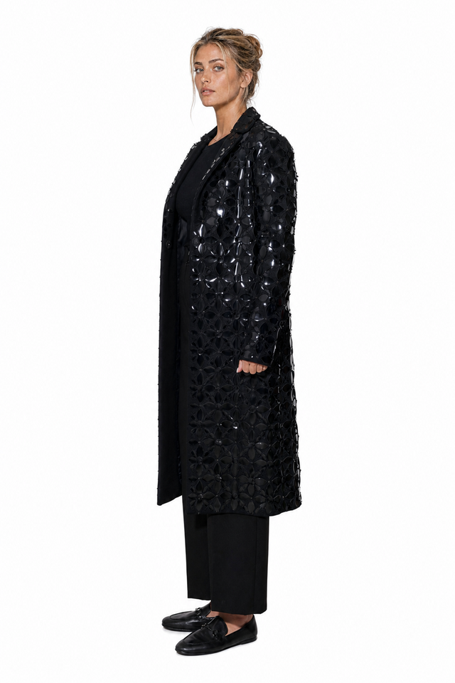 Valentino Floral Patent-Sequined Longline Duster Coat in Jet Black