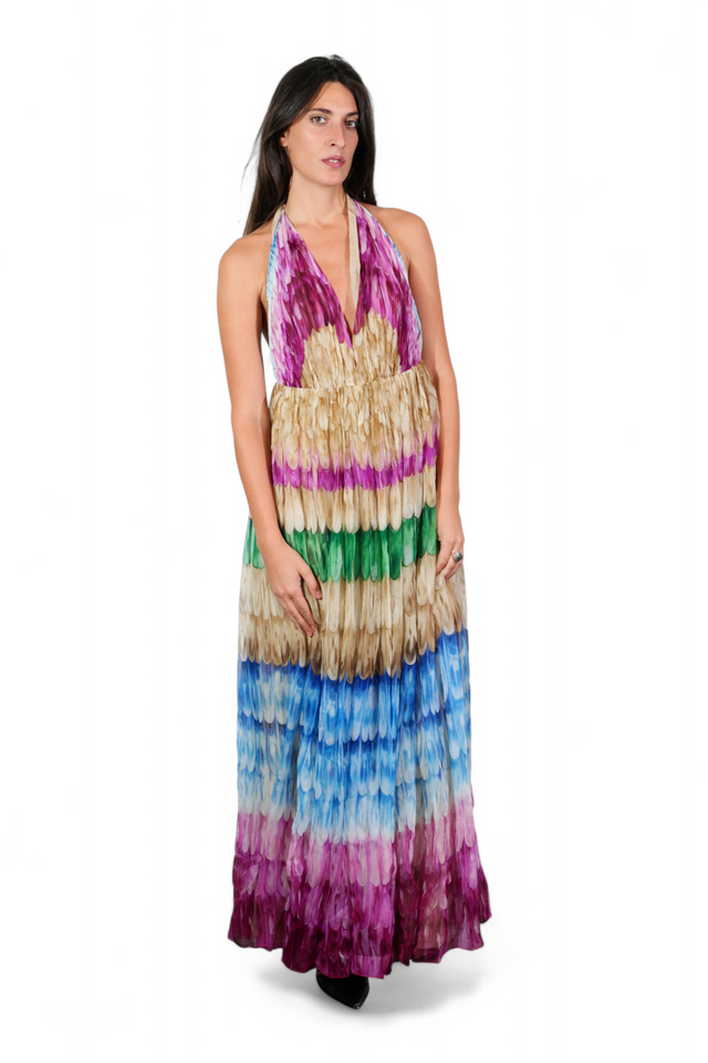 Valentino Multicolor Feather Print Silk Gown