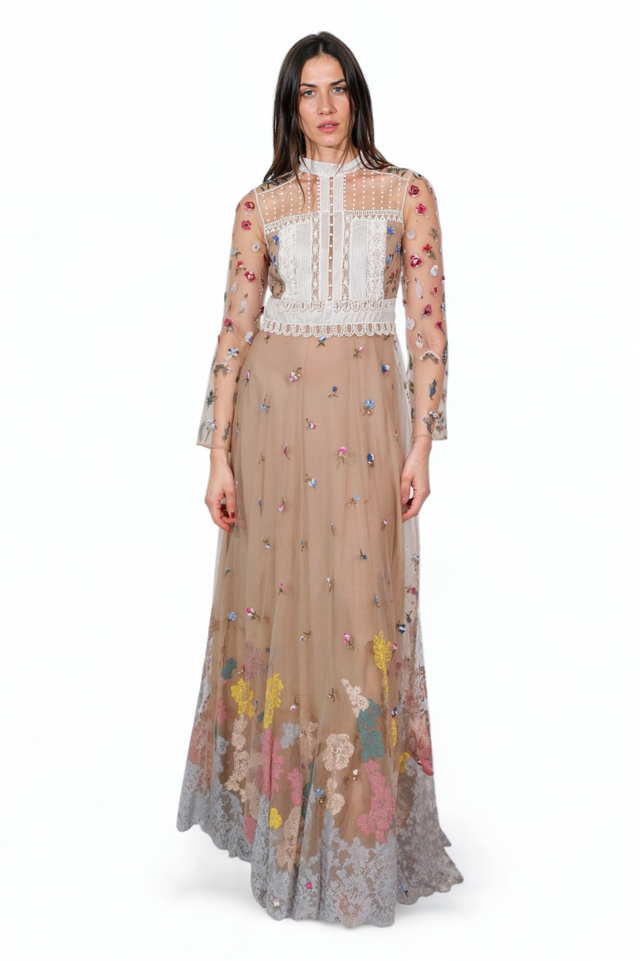 Valentino Embroidered Tulle Gown in Beige