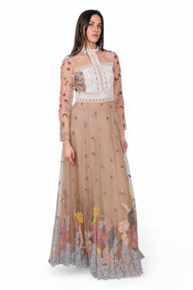 Valentino Embroidered Tulle Gown in Beige