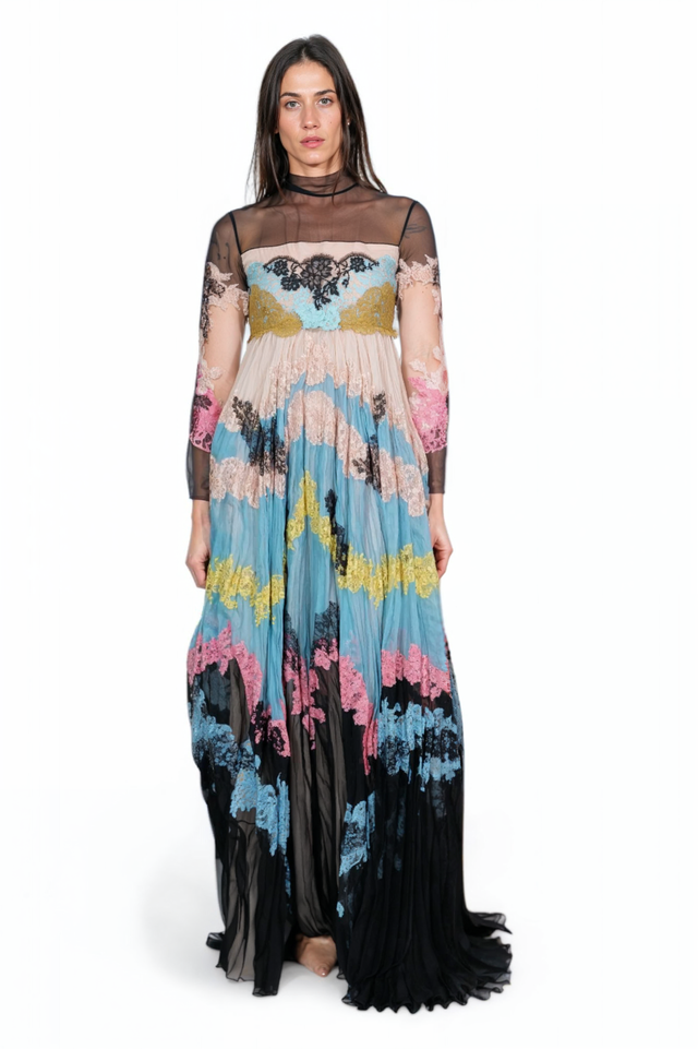 Valentino Multi-Lace Sheer Panel Gown