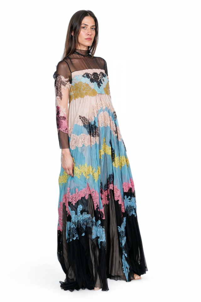 Valentino Multi-Lace Sheer Panel Gown