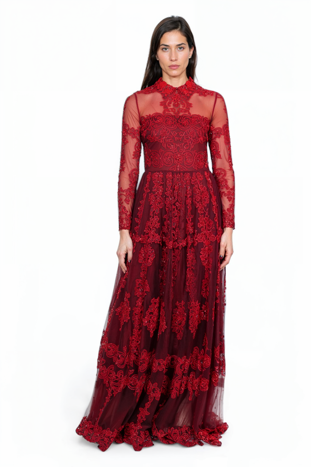 Valentino Embroidered Sheer Gown in Deep Red