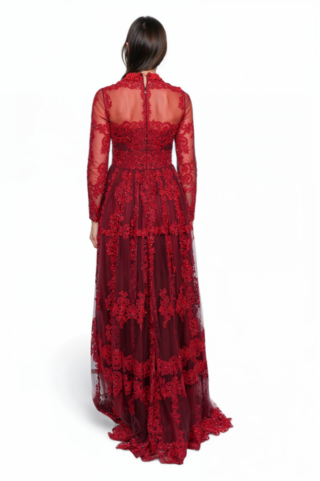 Valentino Embroidered Sheer Gown in Deep Red