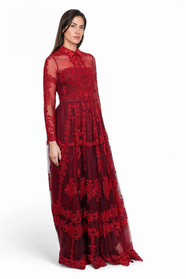 Valentino Embroidered Sheer Gown in Deep Red