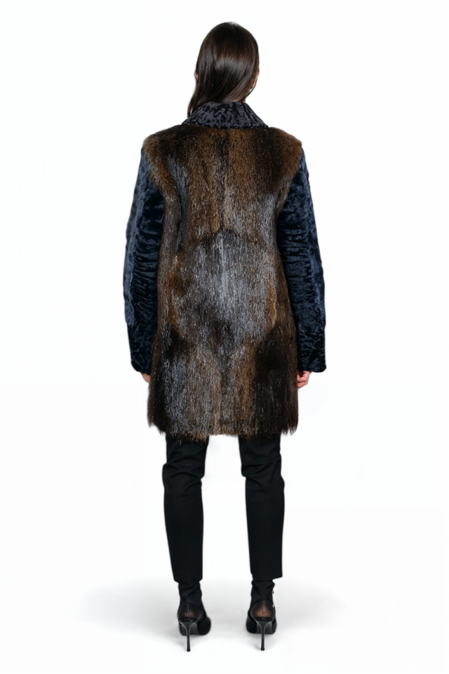Valentino Midnight Blue Shearling Coat with Contrasting Hem Detail