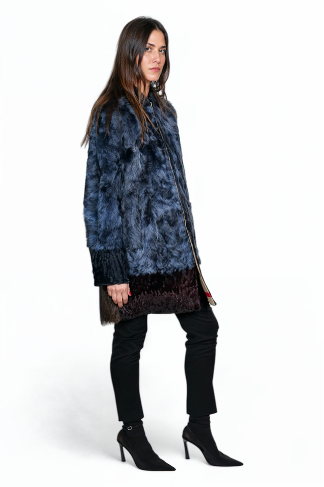 Valentino Midnight Blue Shearling Coat with Contrasting Hem Detail