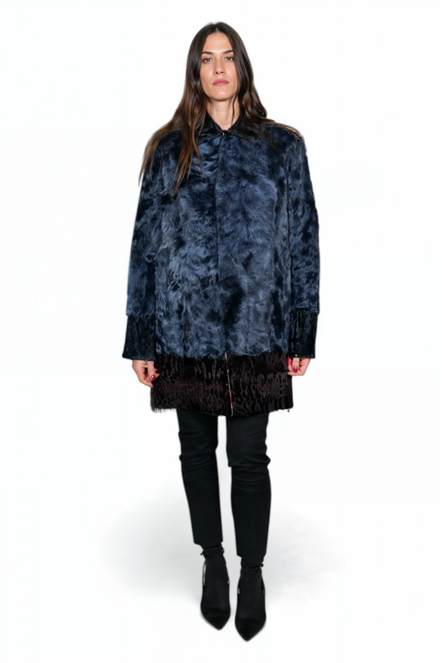 Valentino Midnight Blue Shearling Coat with Contrasting Hem Detail