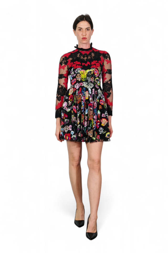 Valentino Embroidered Tulle Mini Dress — Black with Red Lace & Multicolor Florals