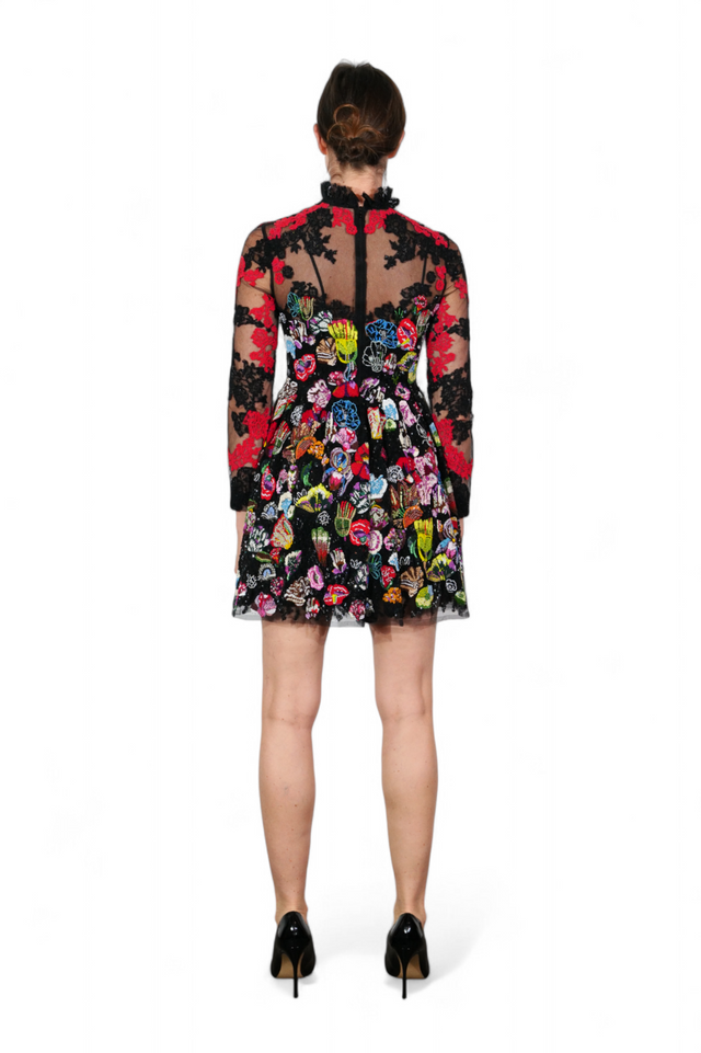 Valentino Embroidered Tulle Mini Dress — Black with Red Lace & Multicolor Florals