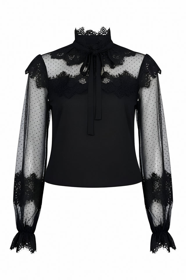 Mikael Aghal Sheer Black Lace Blouse with Tie Neck