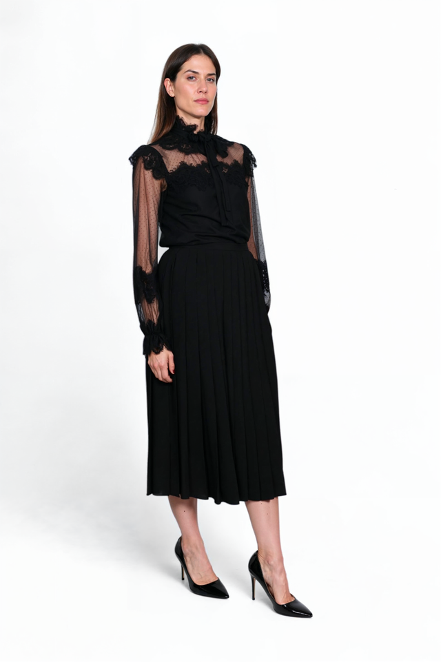Mikael Aghal Black Pleated Midi Skirt