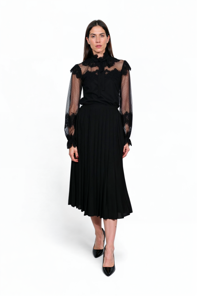 Mikael Aghal Black Pleated Midi Skirt
