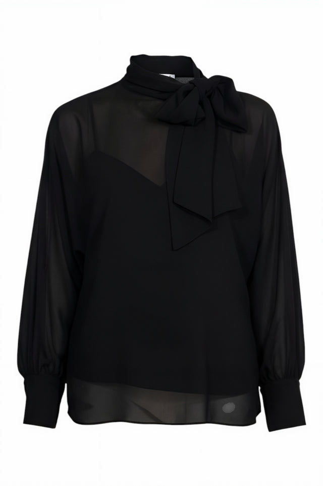 Mikael Aghal Black Tie-Neck Sheer Chiffon Blouse