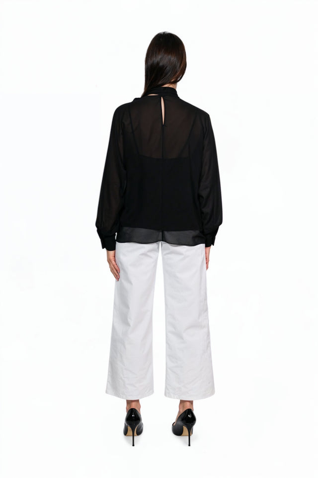 Mikael Aghal Black Tie-Neck Sheer Chiffon Blouse