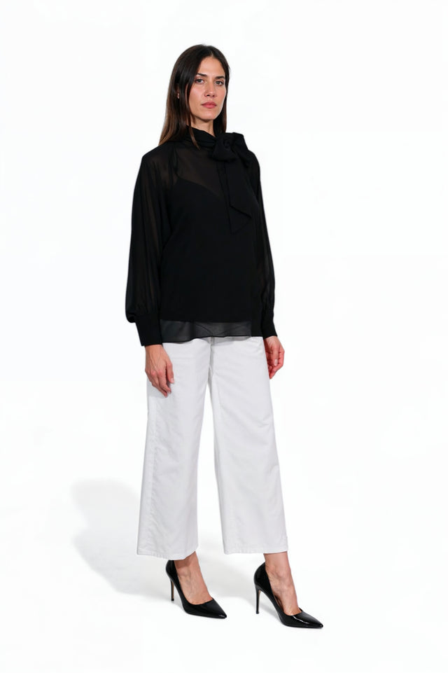 Mikael Aghal Black Tie-Neck Sheer Chiffon Blouse