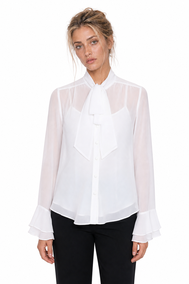 Mikael Aghal women's tie-neck chiffon blouse with tiered ruffle cuffs