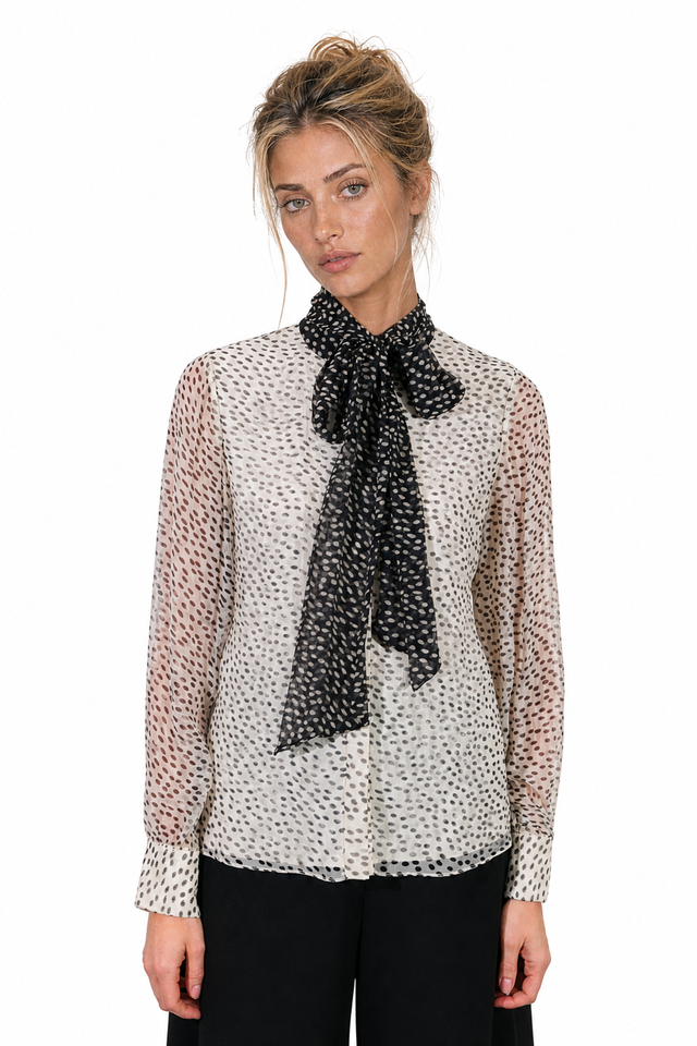 Mikael Aghal women's polka dot chiffon tie-neck blouse