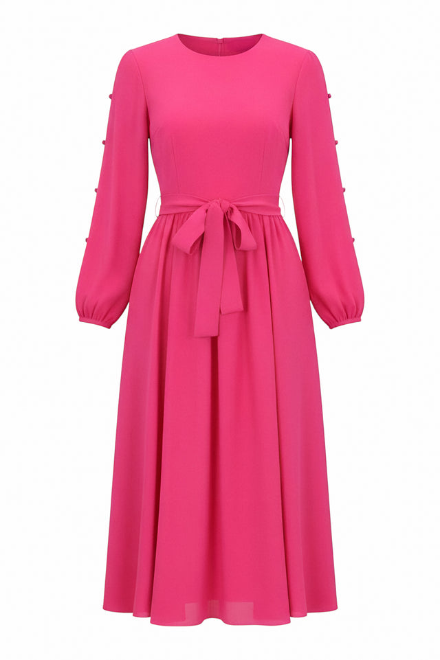 Mikael Aghal Fuchsia Long Sleeve Midi Dress with Waist Tie