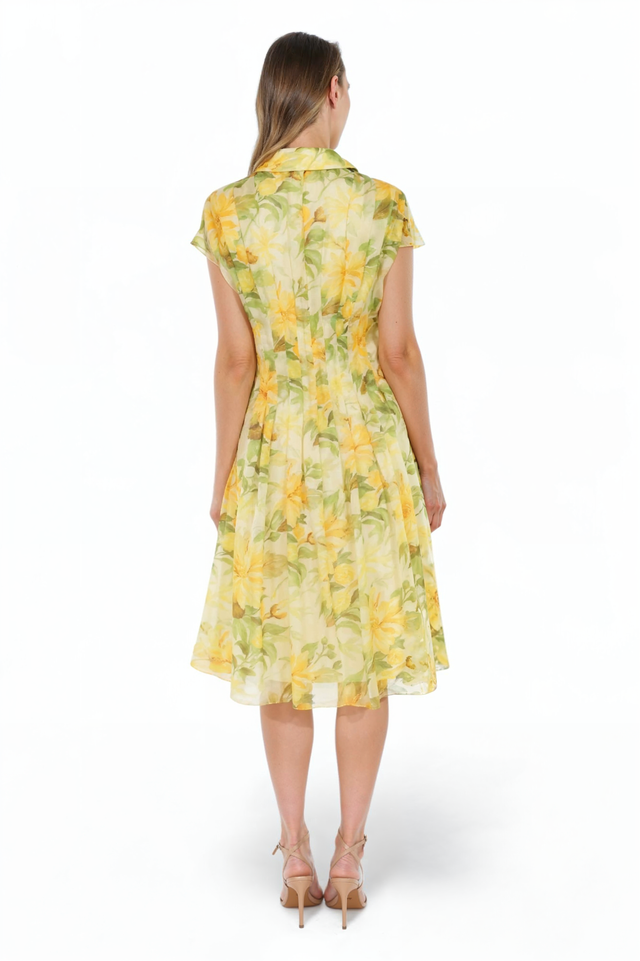 Mikael Aghal Yellow Floral Button-Front Midi Dress
